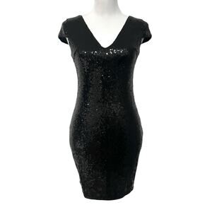 Verty Sequin Dress Black Mini Bodycon V-Neck Stretchy Party Evening Womens Small